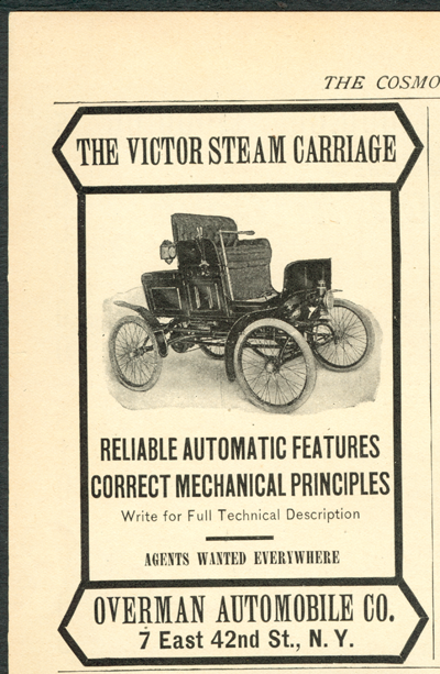 Este anuncio apareció en la edición de mayo de 1902 de la revista Cosmopolitan . La Overman Automobile Company figura en el número 7 de la calle 42 Este, Nueva York, NY. Esta era la oficina de ventas de la compañía.