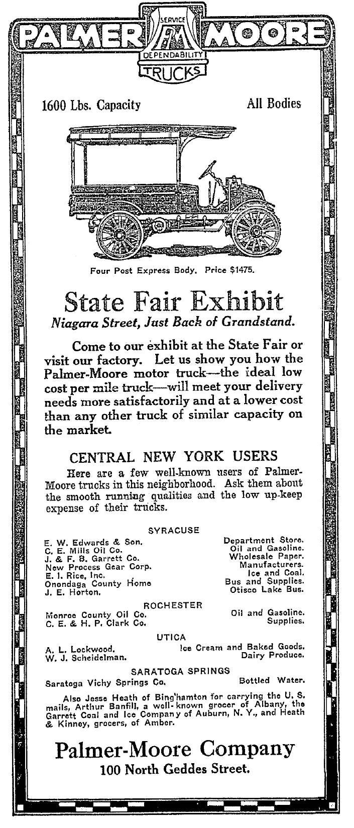 Anuncio de la Compañía Palmer-Moore - Exposición en la Feria Estatal - Syracuse Herald, 30 de agosto de 1914