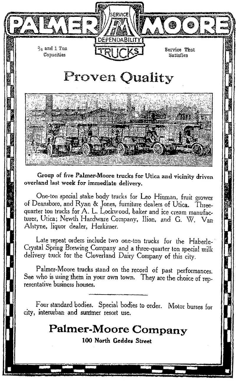 Palmer-Moore Company - Group of five Palmer-Moore trucks for Utica, New York - Syracuse Herald, April 9, 1916