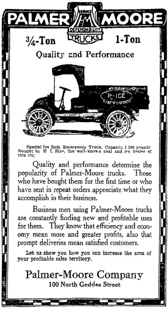 Palmer-Moore Company Advertisement - "Special Ice Body Emergency Truck" - Syracuse Herald, July 23, 1916