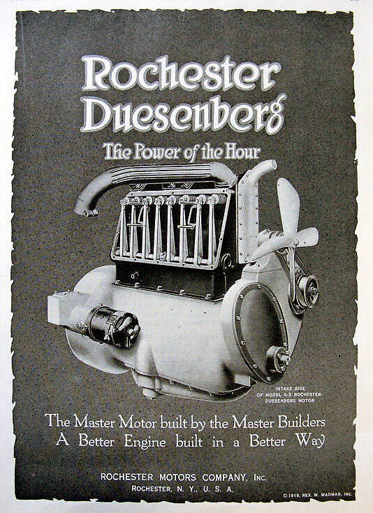 Anuncio de Rochester Motor Co. para motores Rochester-Duesenberg. Se muestra el modelo G3 de cinco litros (1919).