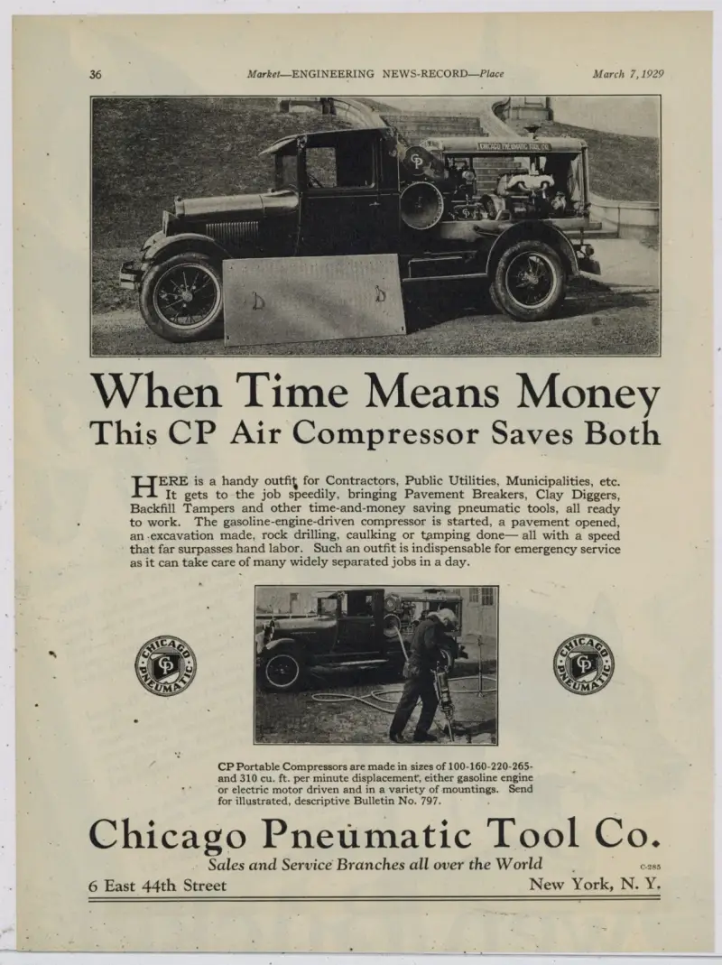 Anuncio de Chicago Pneumatic de 1929: Compresor de aire portátil montado en camión - Nueva York