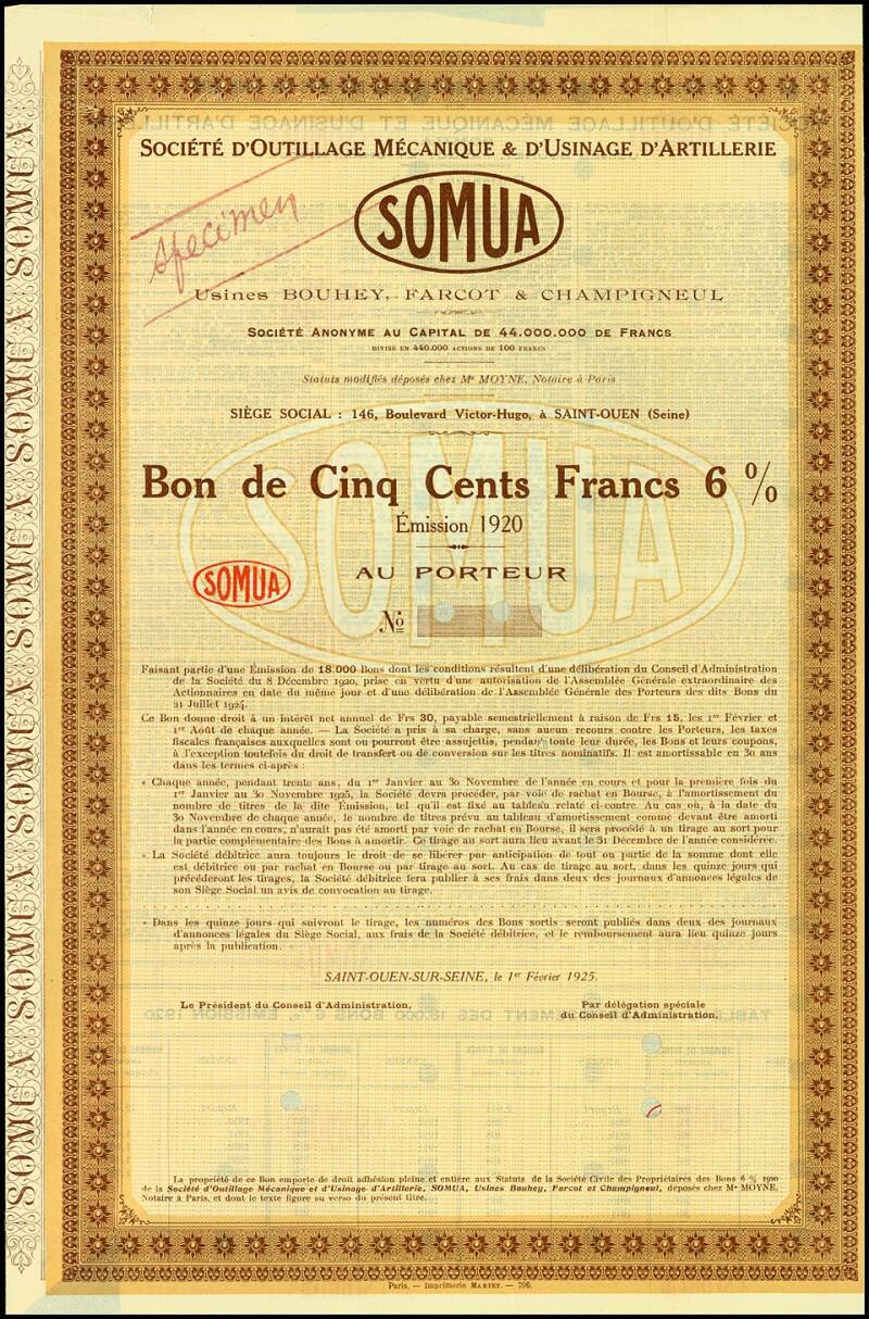 Vale de 500 francos de Somua con fecha del 1 de febrero de 1925
