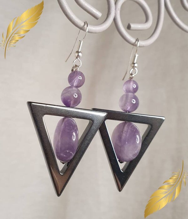 Boucles d’oreilles en argent, Triangle Divin Hématite & Améthyste - Protection, Sérénité et Élégance