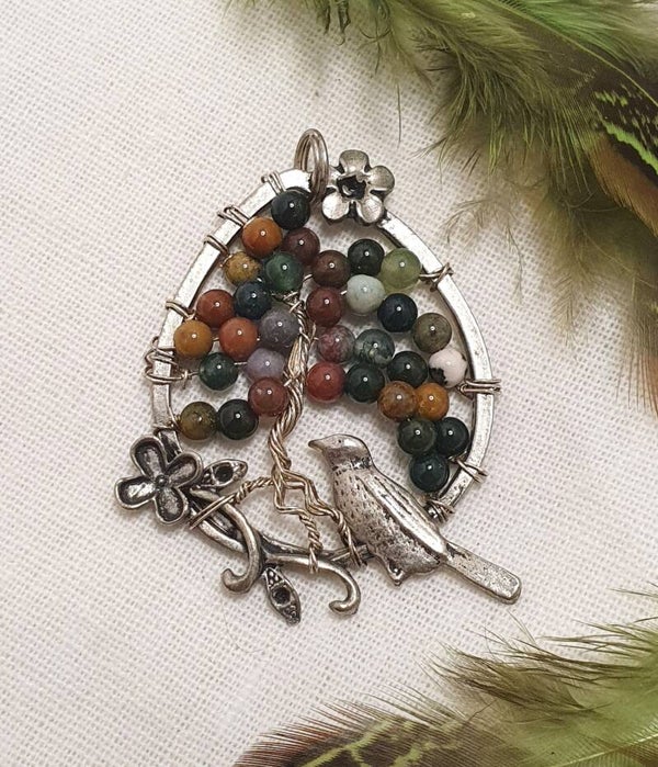 Pendentif Arbre de vie & Oiseau - Jaspe Héliotrope - Ancrage, courage et liberté intérieure