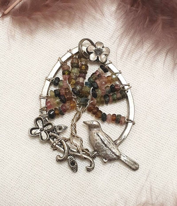 Pendentif Arbre de Vie & Oiseau - Tourmalines - Protection, équilibre et légèreté intérieure