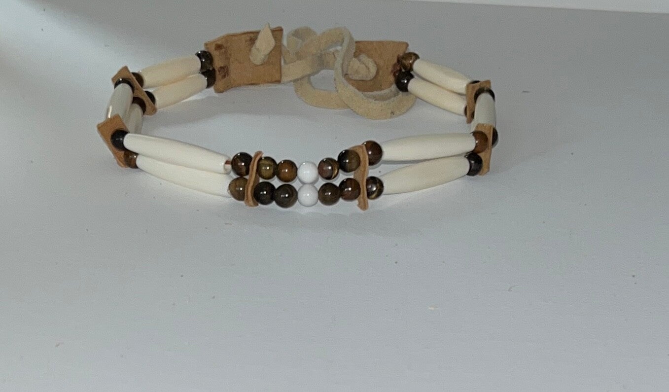 2  Strand White Bone Tiger Eye Choker