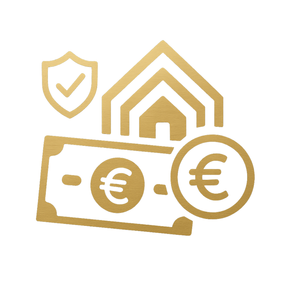 Pictogramme doré financement immobilier — billet euro, maison et bouclier