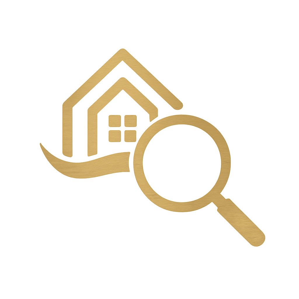Pictogramme doré loupe et maison — recherche de bien immobilier