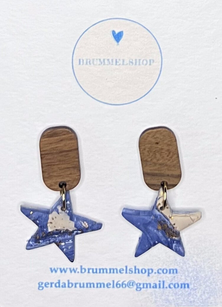 Oorbellen sterren blauw wit goud