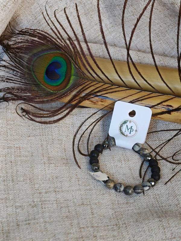 Ancrage Minéral – Bracelet Jaspe Gris, Hématite & Pierre de Lave