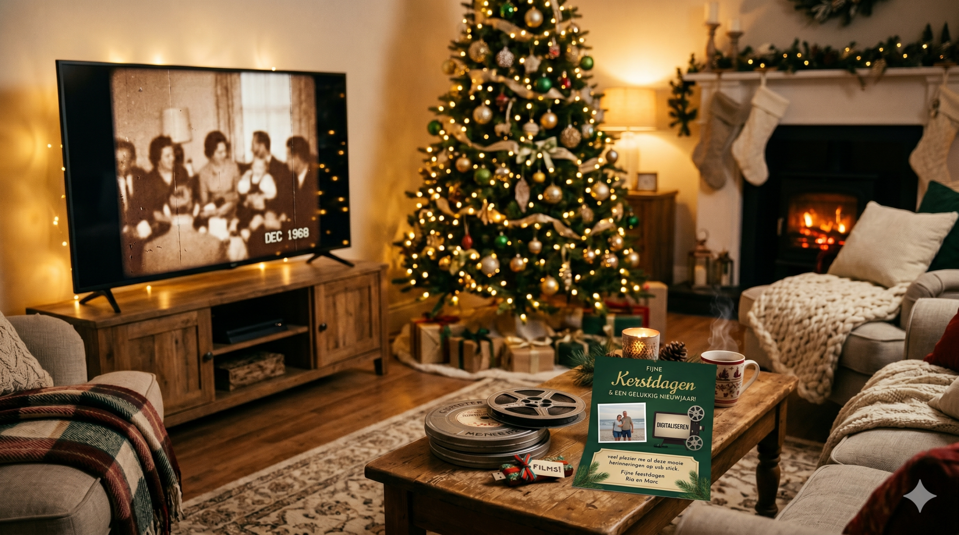 Kerstsfeer met kerstboom, smart-tv met oude film, 8mm-films en een feestelijk verpakte USB-stick met kerstkaartje