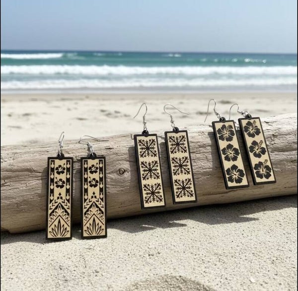 Wooden Carved Long Drop Earrings
