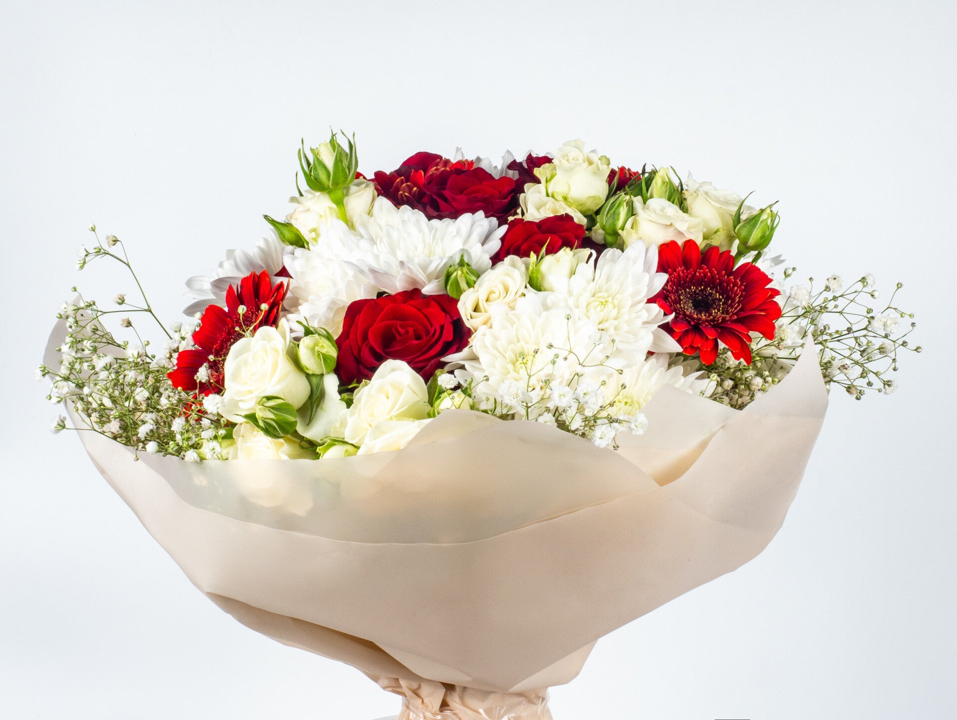 Bouquet with white and red various flowers