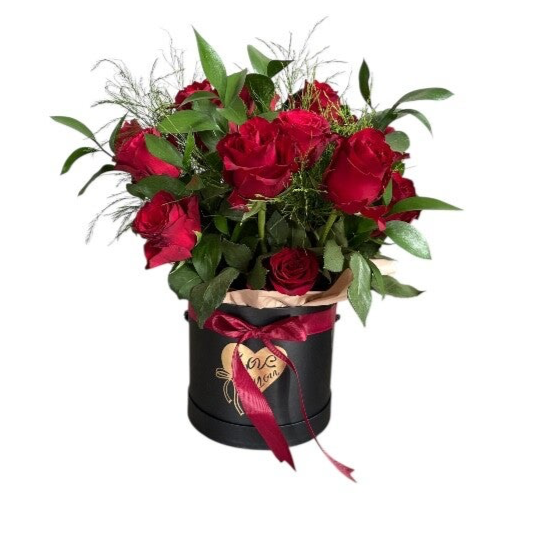 Box with roses and greenery.