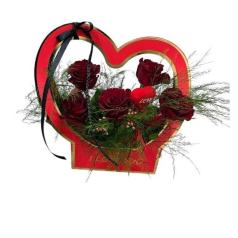 I love you red bag with red roses, greenery and heart stick