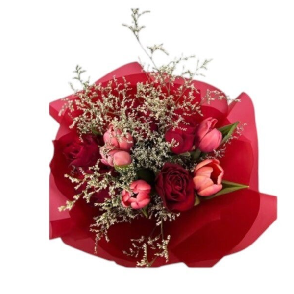 Flower bouquet with tulips and roses