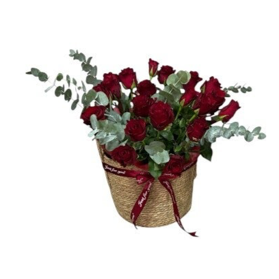 Large Basket with 20 red roses and greenery . Greenery may vary