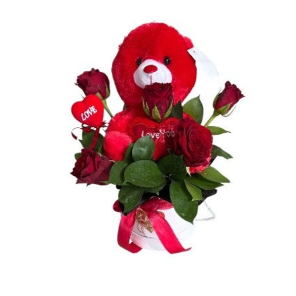White box with roses, greenery, red teddy bear and heart stick