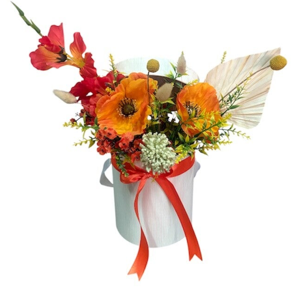 Artificial flowers arrangement in yellow / orange colours