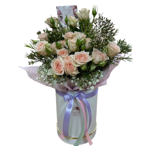 Flowerbox with roses , mini roses and greenery in available colours