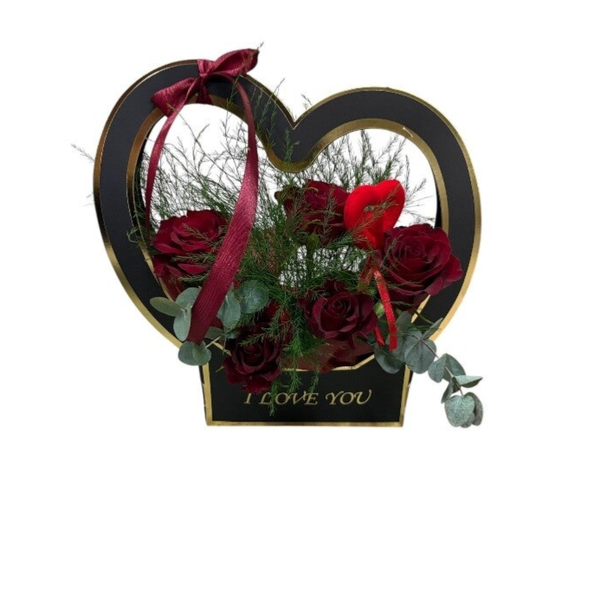 I love you black bag with red roses, greenery and heart stick