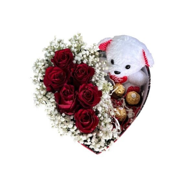 Heart shape box with roses, greenery and 3 chocolates