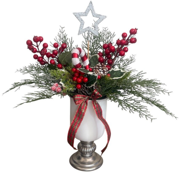 Christmas cup decoration with artificial flowers