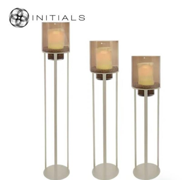 3 stuks Initials Open windlicht op pilaar Inclusief glas Ivory