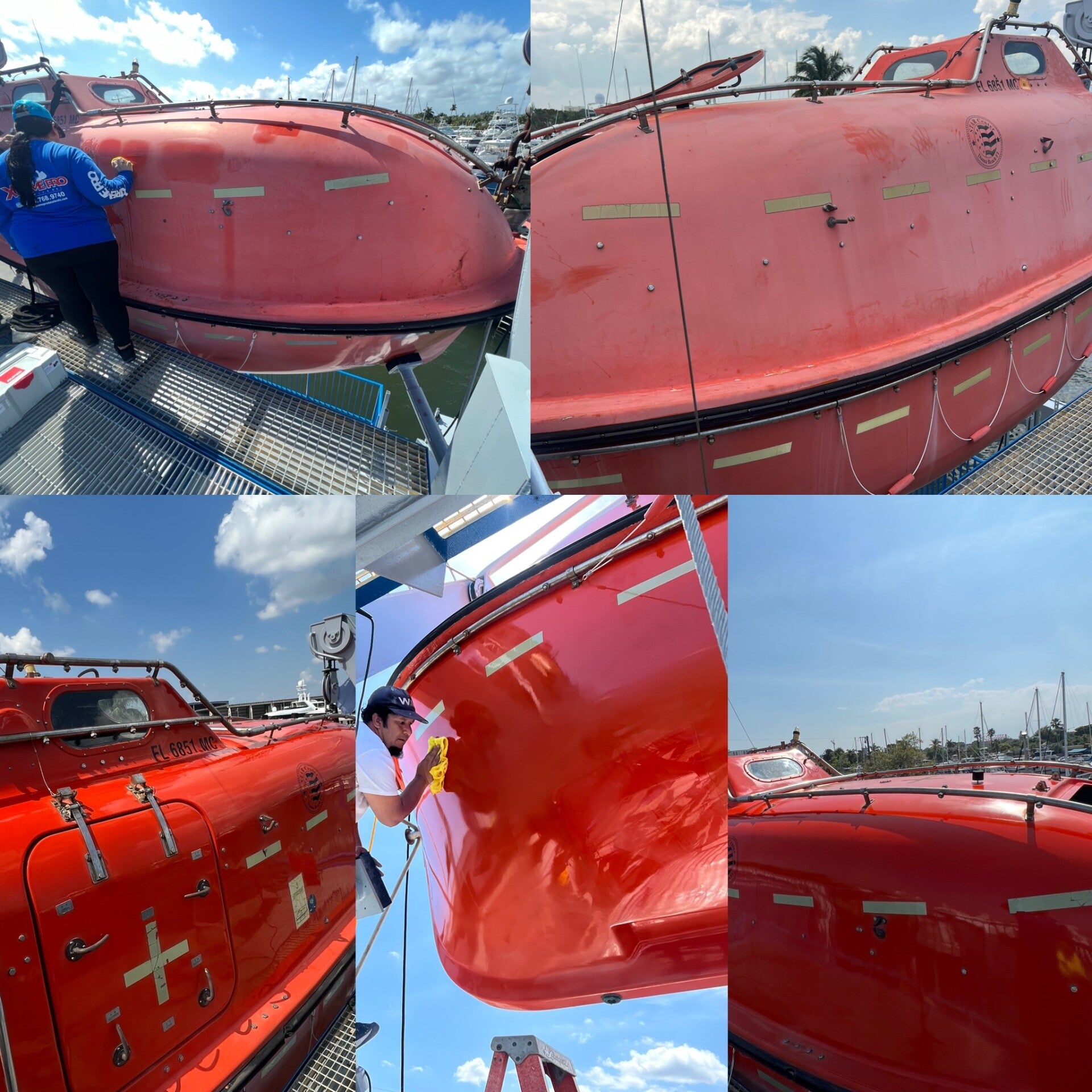 Before and after gel coat and oxidation restoration on a rescue boat