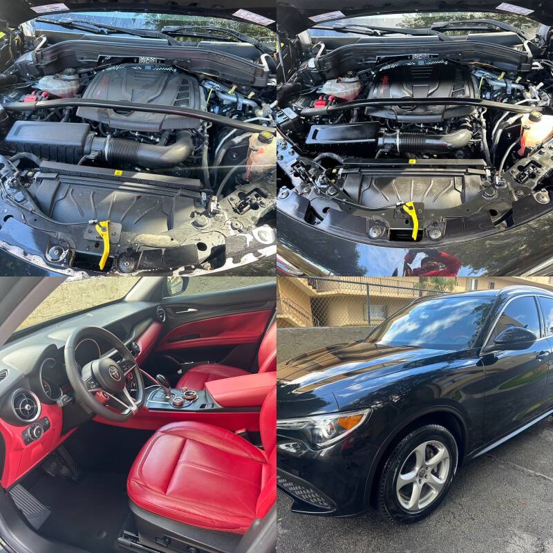 Black Alfa Romeo engine bay, red leather interior, and exterior detailing in Miami