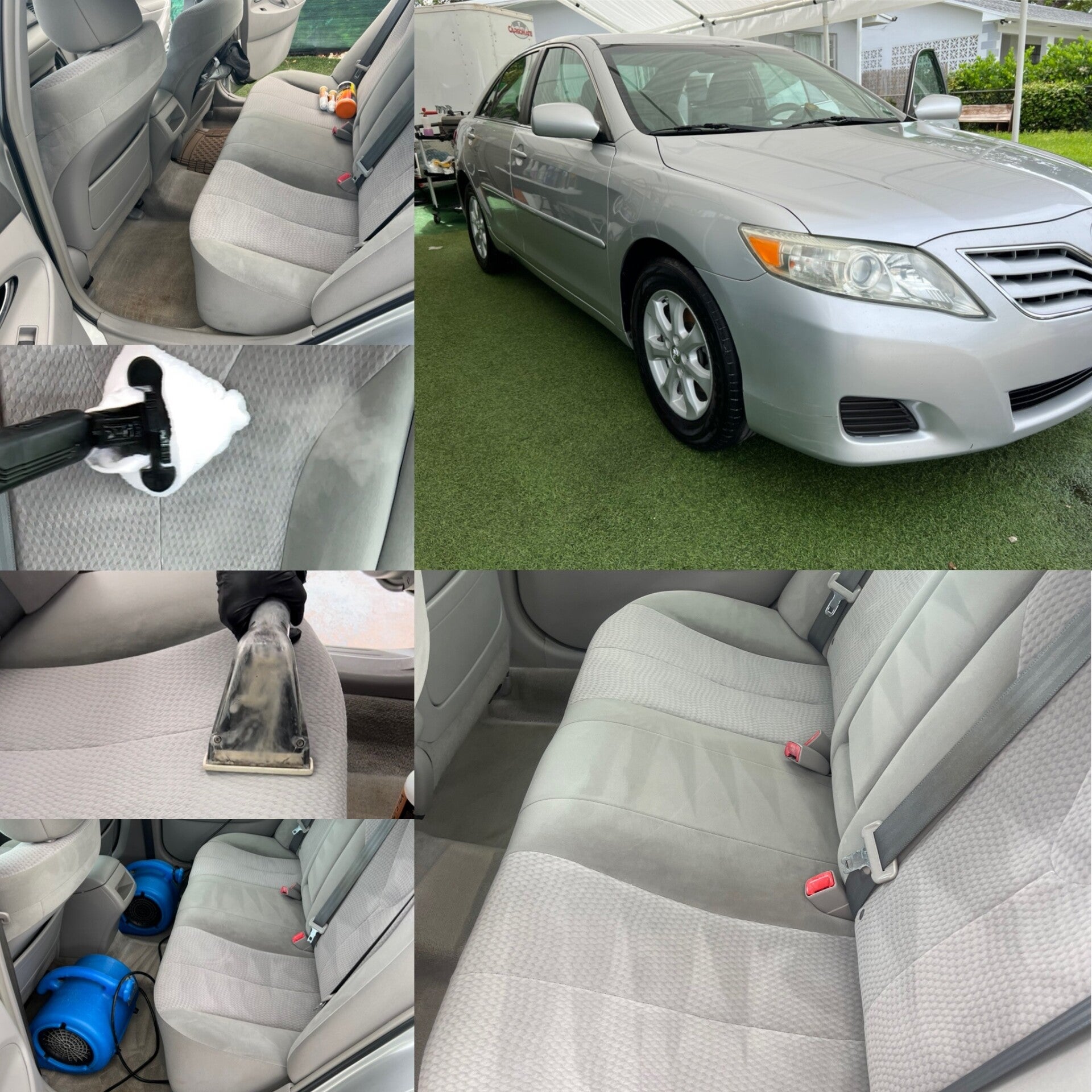 Before-and-after collage showing interior shampooing, steam cleaning, and exterior detailing completed on a silver sedan.