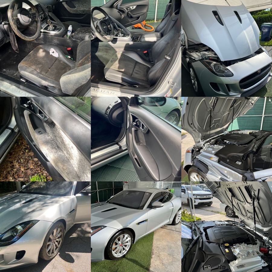 Jaguar F-Type mold and flood interior restoration before and after in Miami