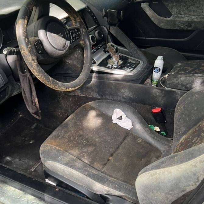 Jaguar F-Type cabin with mold on the seat, console and steering wheel before restoration