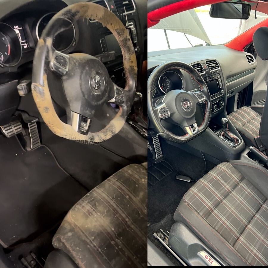 Before and after mold restoration on a Volkswagen GTI interior: moldy steering wheel and seat restored to clean condition
