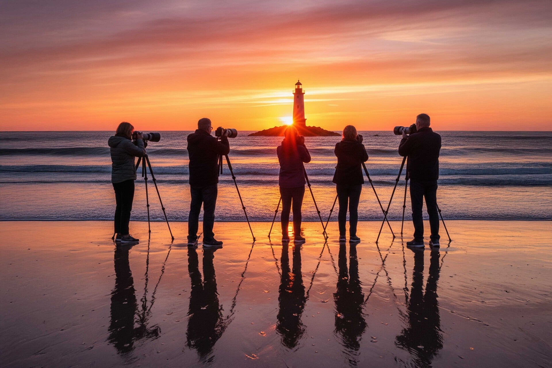 Fotoworkshopgruppe am Strand bei Sonnenuntergang