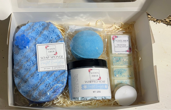 Large sponge, whipped soap, bath bomb.