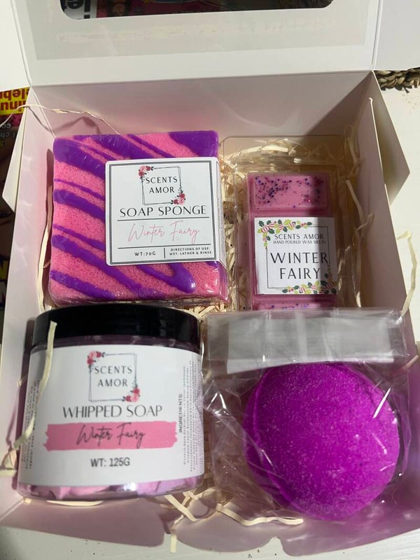 Small soap sponge, whipped soap, bath bomb, wax melt snap bar gift sets available