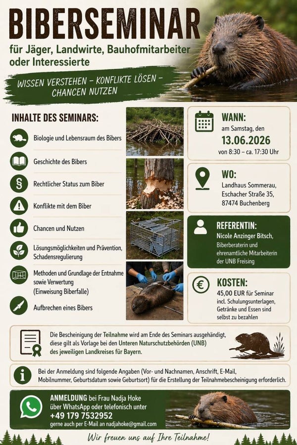 Biberseminar für Jäger, Landwirte, Bauhofmitarbeiter und Interessierte