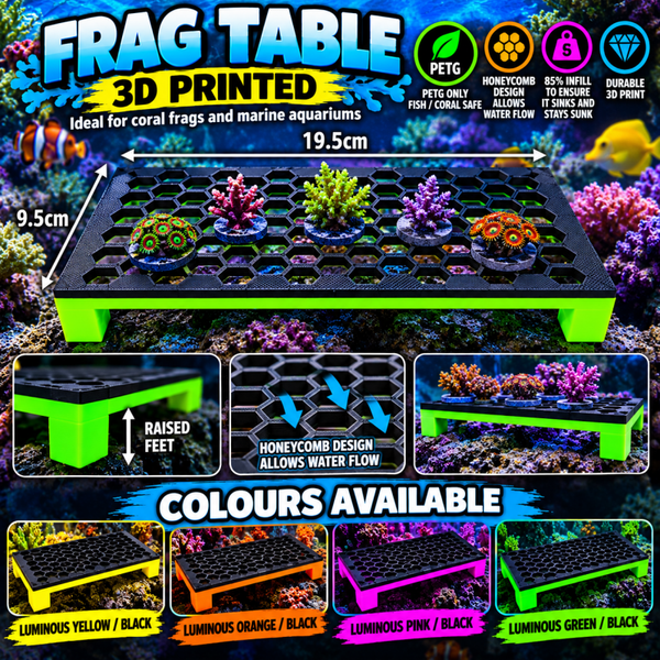 3D Printed Coral Frag Table – PETG – Marine Aquarium – Black Top – Luminous Colours