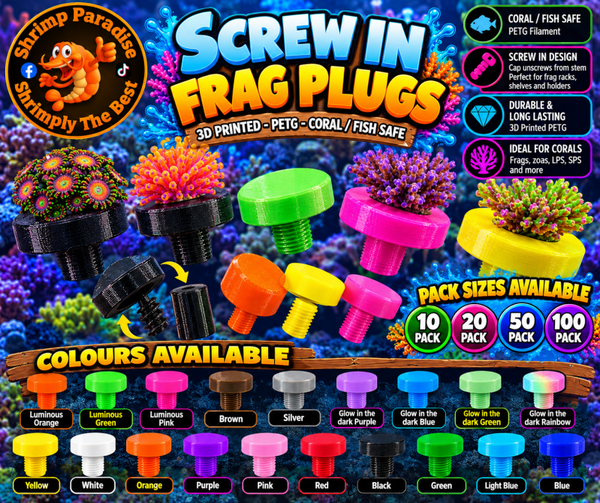3D Printed Screw-In Coral Frag Plugs – PETG – Multiple Colours & Pack Sizes