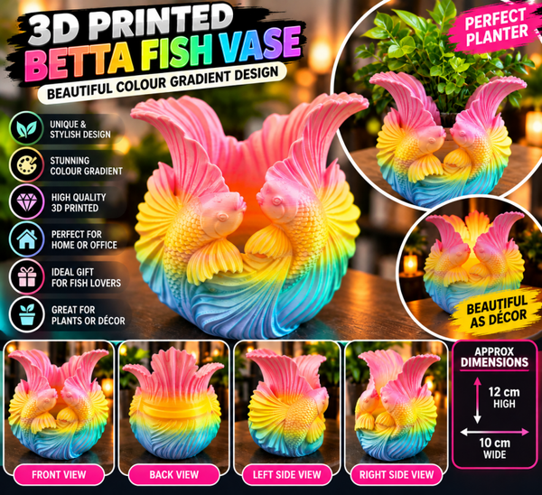 3D Printed Betta Fish Vase Rainbow Gradient Colourful Fish Planter Home Décor