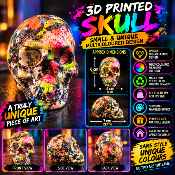 3D Printed Multicoloured Skull Ornament Gothic Décor Unique Rainbow Art 7cm