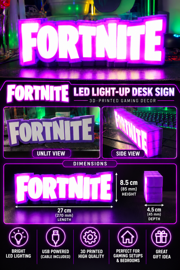 Fortnite LED Light-Up Sign – 3D Printed Purple Gaming Desk Décor