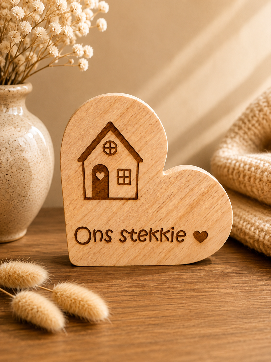 Houten hart met tekst