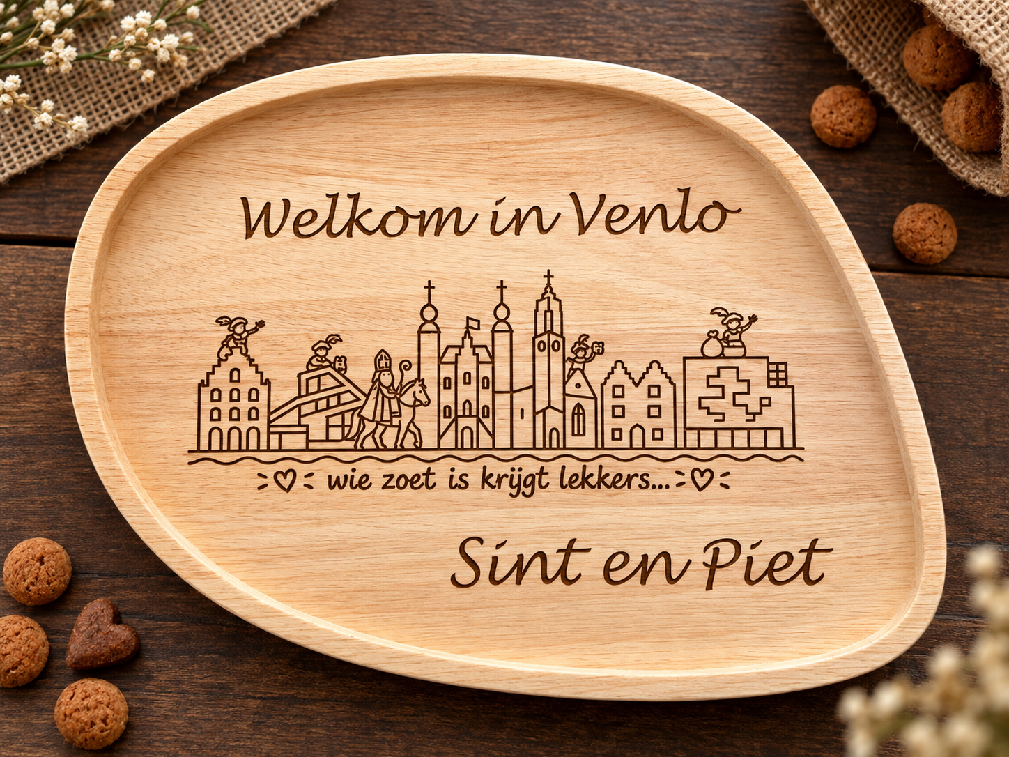 Houten serveerschaal Sinterklaas Venlo en Tegelen