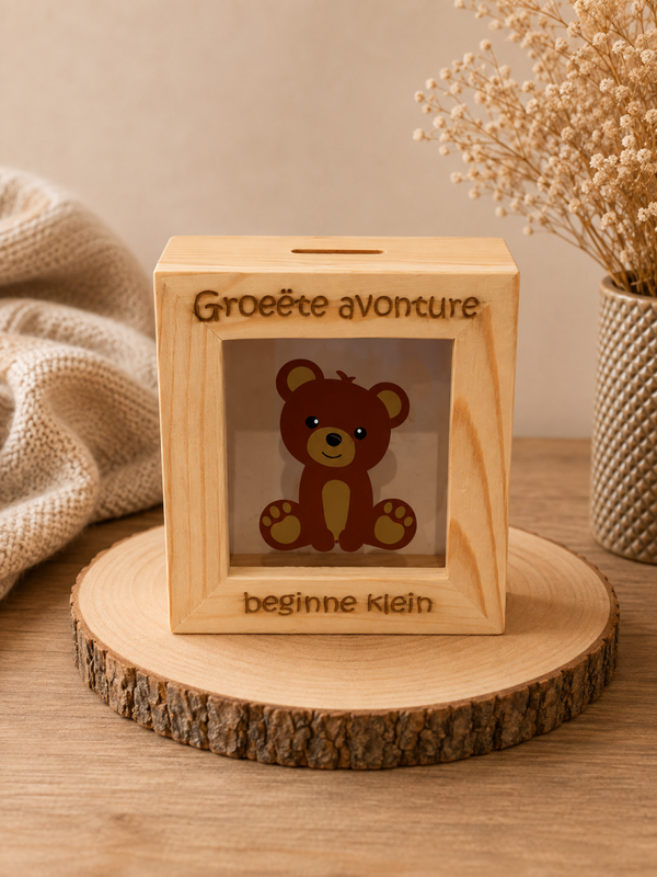 Houten spaarpot met plexiglas