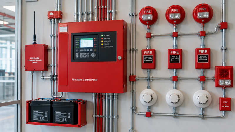 Commercial fire alarm control panel, pull stations, and smoke detectors