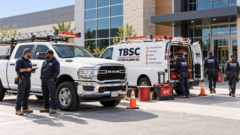TBSC Fire Systems technicians preparing for work beside company service trucks