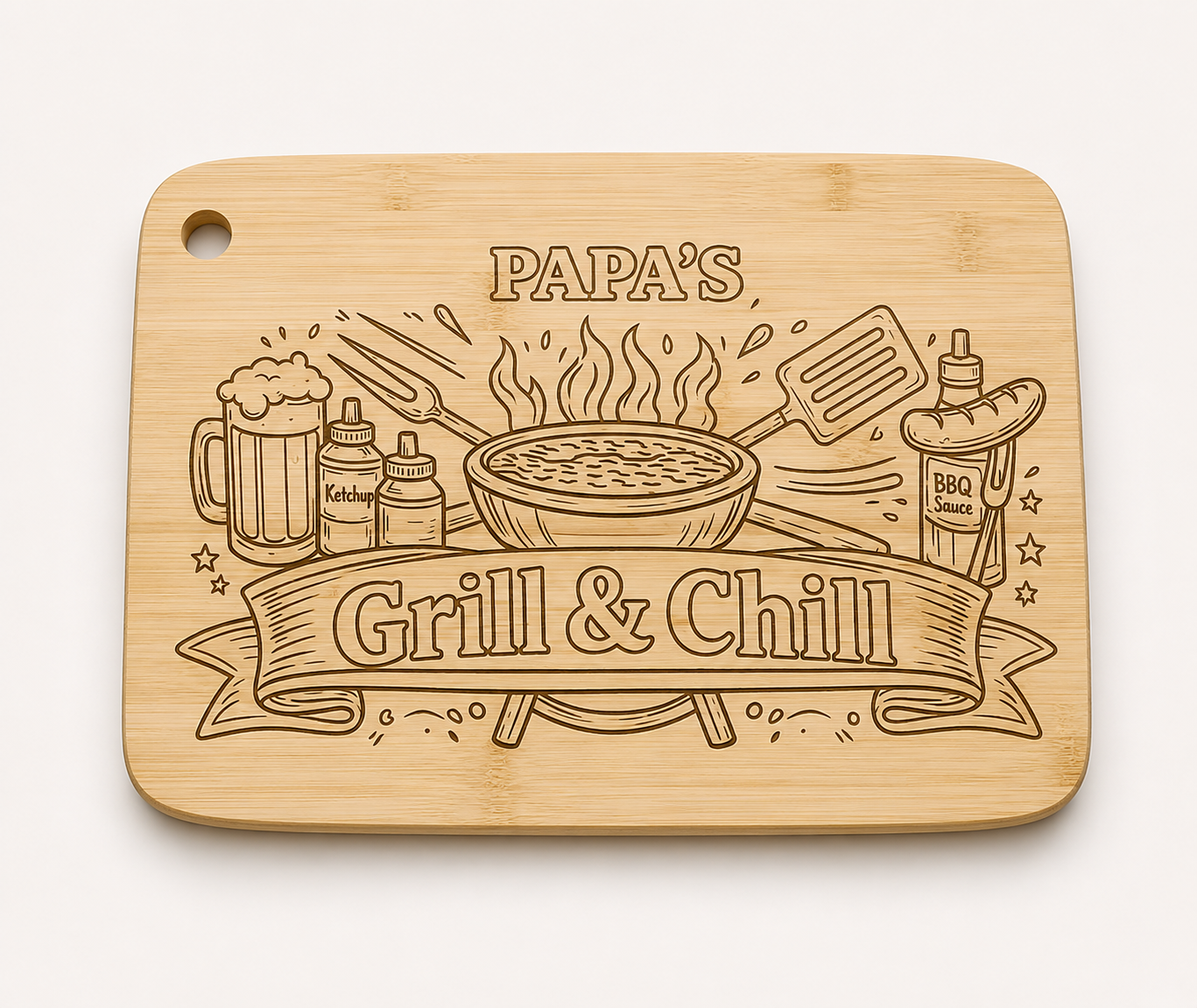 Bamboe BBQ Snijplank – “Papa’s Grill & Chill”